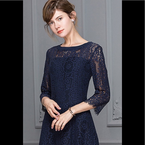 Metisu Navy Blue Lace Midi Dress - Picture 1 of 13